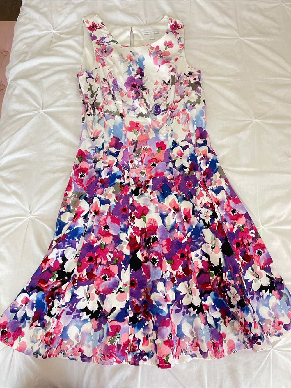 New York & Company White Floral Midi Dress with Pink, Purple and Blue